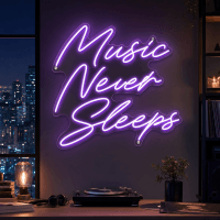 music-never-sleeps-neon-sign Music Never Sleeps LED neon sign glowing in a music studio