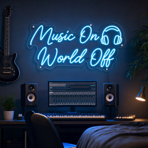 Music On World Off LED neon sign glowing in dark setting