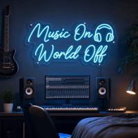 Music On World Off LED neon sign glowing in a studio