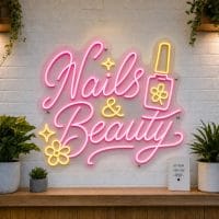 Nails and Beauty LED neon sign with nail polish brush and sparkle icons on clear acrylic backing