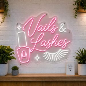 Nails and Lashes LED neon sign with nail polish bottle and eyelash icons on clear acrylic backing