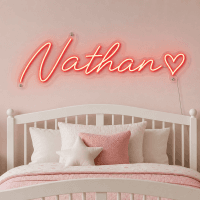 Nathan Name LED Neon Sign - vivid red cursive script with heart on contour cut acrylic