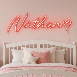 Nathan Name LED Neon Sign - vivid red cursive script with heart on contour cut acrylic