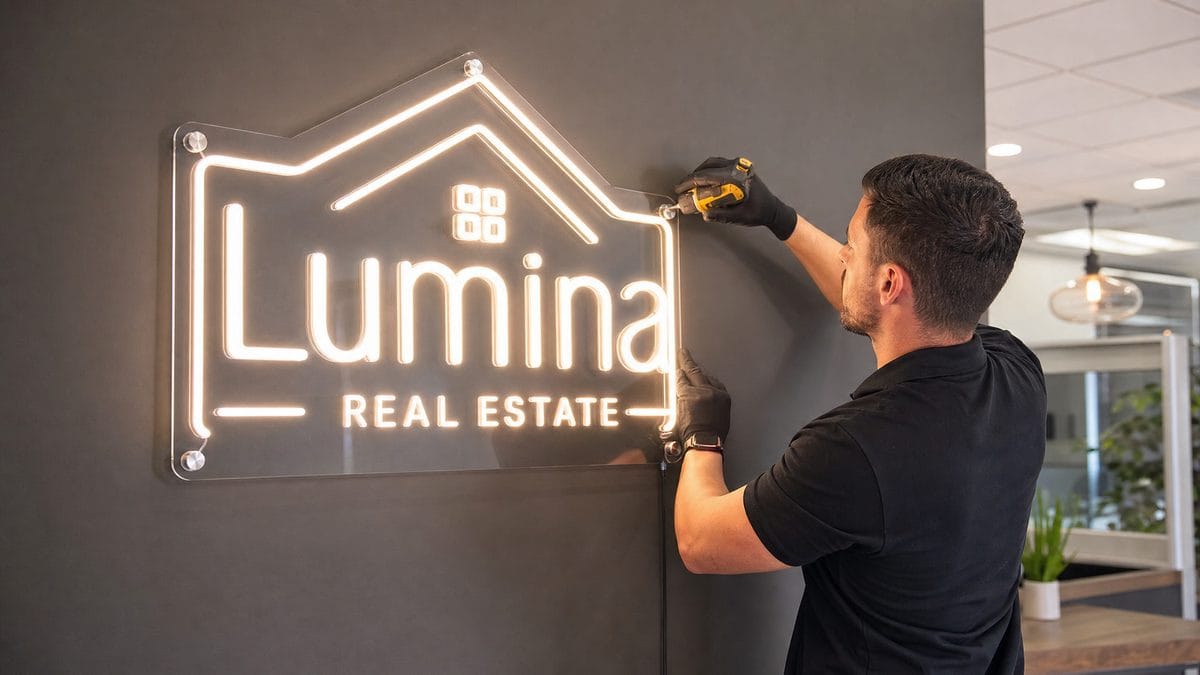 Neon Sign Installation for Business Professional neon sign installation on a business wall
