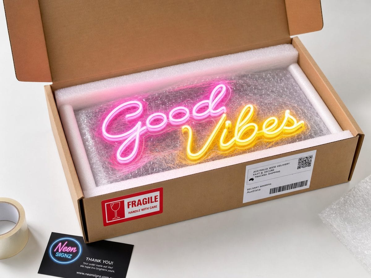 Neon sign packaging and delivery Australia - safe shipping for custom LED neon signs