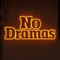 No Dramas LED neon sign in bold retro block font mounted on contour cut clear acrylic