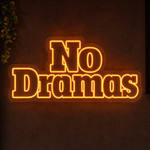No Dramas LED neon sign in bold retro block font mounted on contour cut clear acrylic