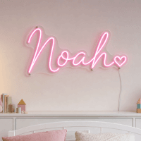 Noah Name LED Neon Sign - hot pink cursive script with heart on contour cut acrylic