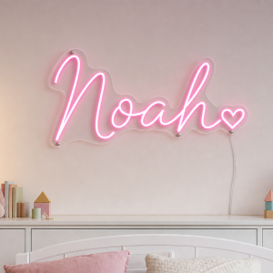 Noah Name LED Neon Sign - hot pink cursive script with heart on contour cut acrylic
