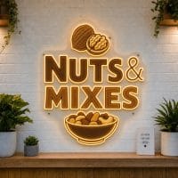 Nuts and Mixes LED neon sign with assorted nut and trail mix icons on clear acrylic backing