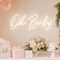 Custom Oh Baby LED neon sign for baby showers, gender reveals and nurseries. Contour-cut acrylic bac