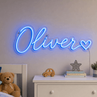 Oliver Name LED Neon Sign - electric blue cursive script with heart on contour cut acrylic