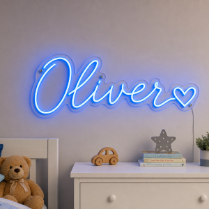 Oliver Name LED Neon Sign - electric blue cursive script with heart on contour cut acrylic
