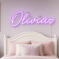 Olivia Name LED Neon Sign - warm purple cursive script with heart on contour cut acrylic