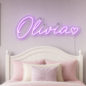 Olivia Name LED Neon Sign - warm purple cursive script with heart on contour cut acrylic