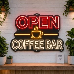 Open Coffee Bar LED neon sign on black acrylic backing mounted on white brick wall