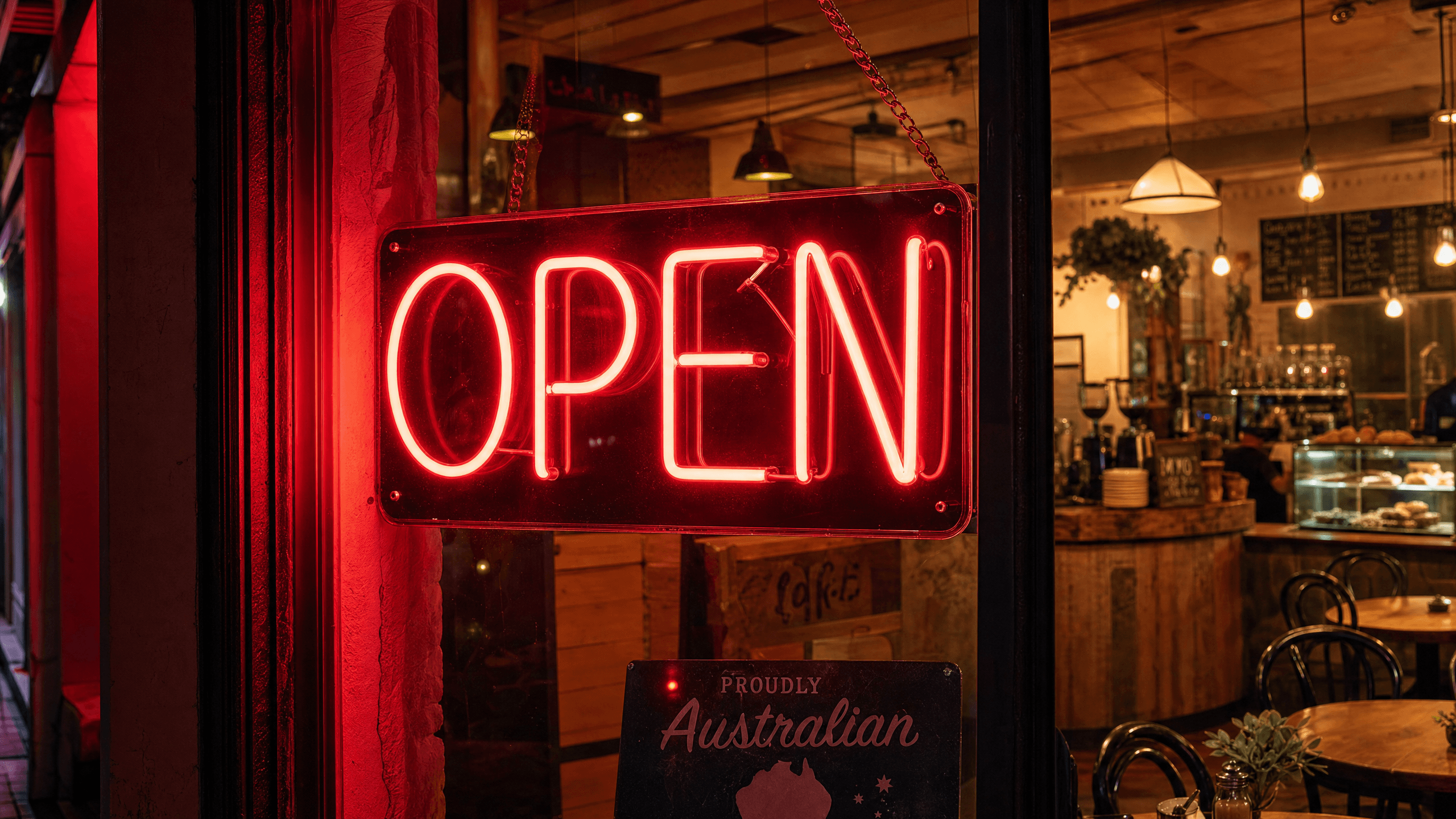 Open Neon Sign for Business Australia Glowing red OPEN neon sign in Australian cafe window