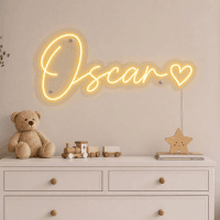 Oscar Name LED Neon Sign - warm golden yellow cursive script with heart on contour cut acrylic