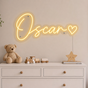 Oscar Name LED Neon Sign - warm golden yellow cursive script with heart on contour cut acrylic