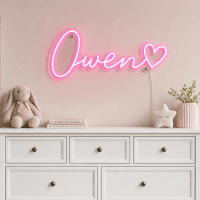 Owen Name LED Neon Sign - hot pink cursive script with heart on contour cut acrylic