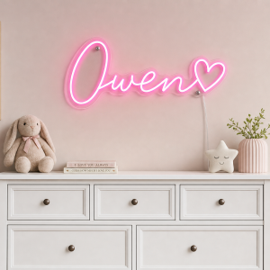 Owen Name LED Neon Sign - hot pink cursive script with heart on contour cut acrylic