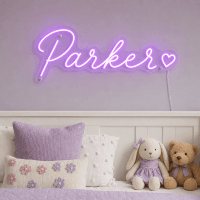 Parker Name LED Neon Sign - electric purple cursive script with heart on contour cut acrylic