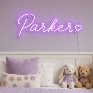 Parker Name LED Neon Sign - electric purple cursive script with heart on contour cut acrylic