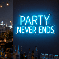 Party Never Ends Neon Sign glowing in a music venue