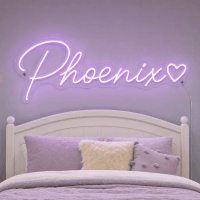Phoenix Name LED Neon Sign - warm purple cursive script with heart on contour cut acrylic