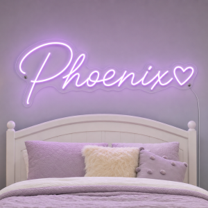 Phoenix Name LED Neon Sign - warm purple cursive script with heart on contour cut acrylic