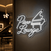 Piano lounge LED neon sign glowing on a bar wall