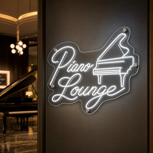Piano lounge LED neon sign glowing on a bar wall
