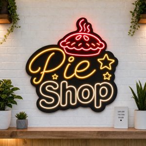 Pie Shop LED neon sign on clear acrylic backing mounted on white brick wall