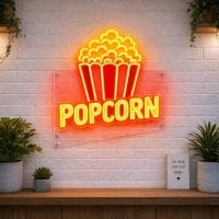 Popcorn LED neon sign with striped popcorn bucket icon on clear acrylic backing