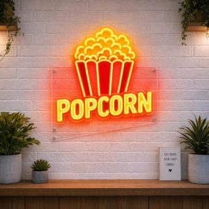 popcorn-led-neon-sign Popcorn LED neon sign with striped popcorn bucket icon on clear acrylic backing
