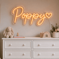 Poppy Name LED Neon Sign - warm orange cursive script with heart on contour cut acrylic