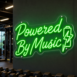 Powered By Music neon sign glowing on wall