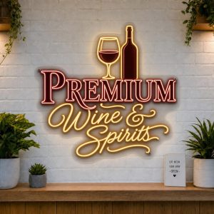 premium-wine-spirits-led-neon-sign Premium Wine and Spirits LED neon sign with wine glass and whisky tumbler icons on clear acrylic backing