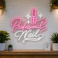 Professional Nail LED neon sign with nail polish bottle icon on clear acrylic backing mounted on white brick wall