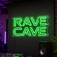 LED neon Rave Cave sign glowing on wall