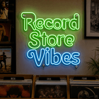 Record store vibes neon sign glowing in music venue