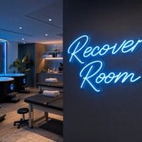 The 'Recovery Room' neon sign in ice blue, contour cut on clear acrylic, mounted on a light-coloured wall in a modern recovery spa room with soft lighting and plants.