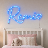 Remi Name LED Neon Sign - electric blue cursive script with heart on contour cut acrylic