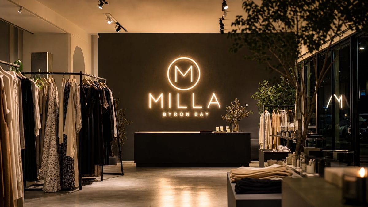 Retail Store Custom Neon Sign Australia Custom LED neon sign in Australian retail store showing brand logo in warm white neon