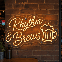 Rhythm and Brews LED neon sign with icons in bar setting