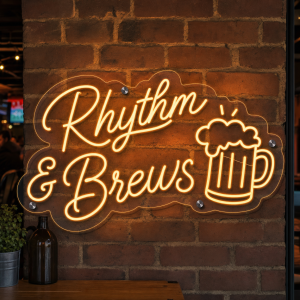 Rhythm and Brews LED neon sign with icons in bar setting