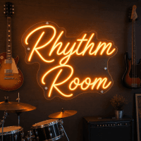 rhythm-room-neon-sign Rhythm Room neon sign glowing in a music venue
