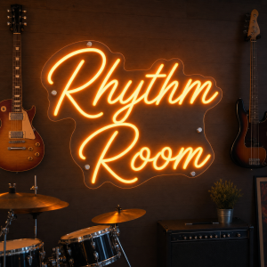 rhythm-room-neon-sign Rhythm Room neon sign glowing in a music venue
