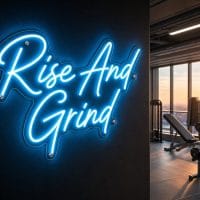 A vibrant Ice Blue 'Rise And Grind' neon sign mounted on a dark, moody training space wall, with cinematic lighting highlighting the realistic LED glow.