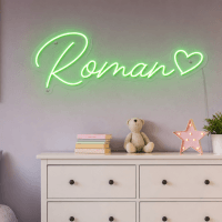 Roman Name LED Neon Sign - vivid green cursive script with heart on contour cut acrylic
